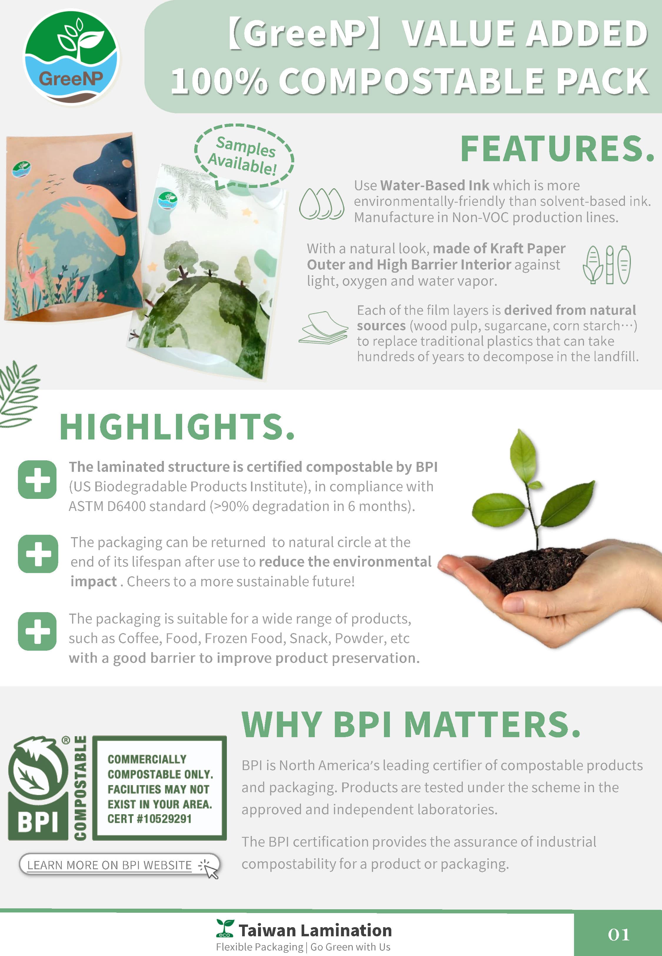 GreeNP value added 100% compostable pack, features. highlights.